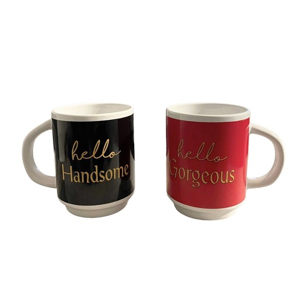 Set of 2 ~ Mugs “Hello Handsome; Hey Gorgeous” Red & Black - Picture 3 of 10